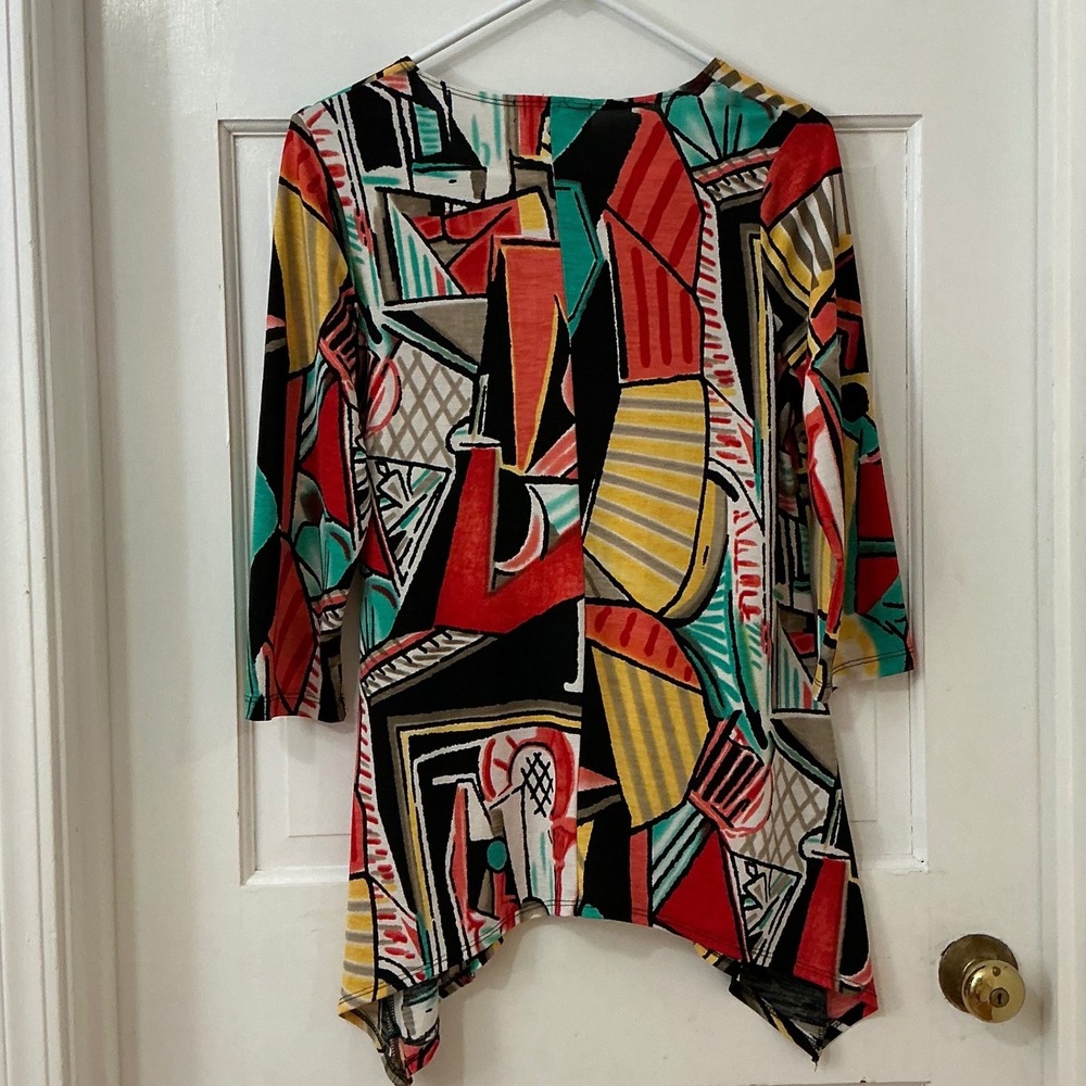 Travel Elements Art to Wear Tunic Top S Sharkbite Boho Art Liquid Knit Picasso